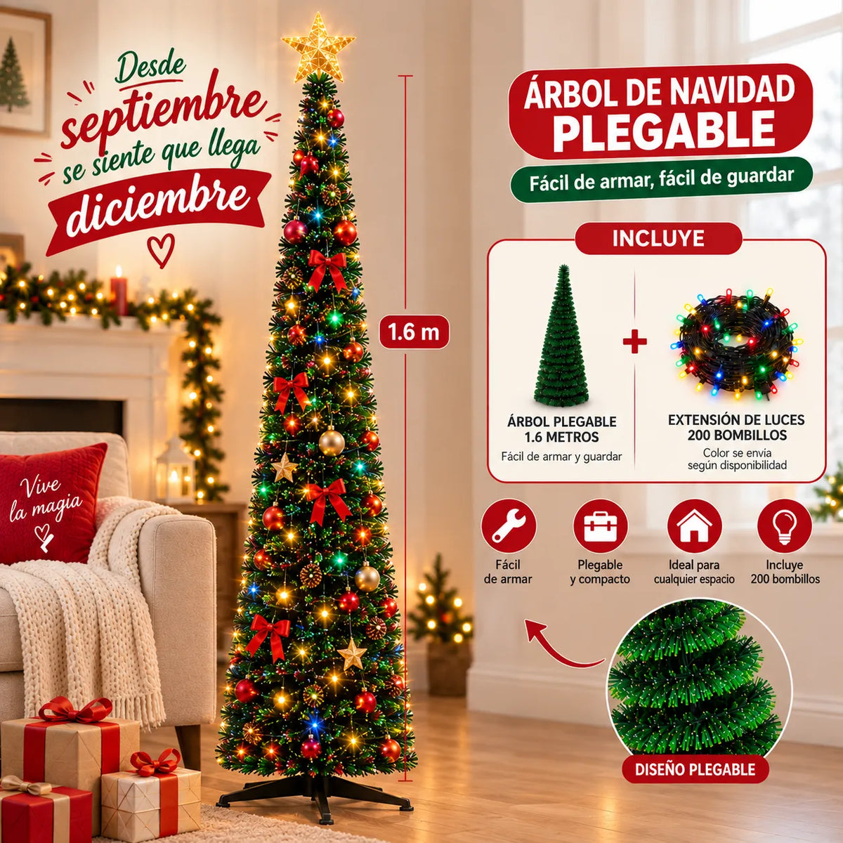 🎄 Árbol de Navidad Plegable 1,60 m